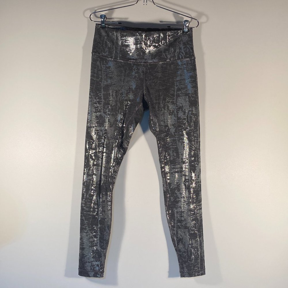 Lululemon Metallic Silver Shine Workout Crossfit Leggings Pants Women Size 10